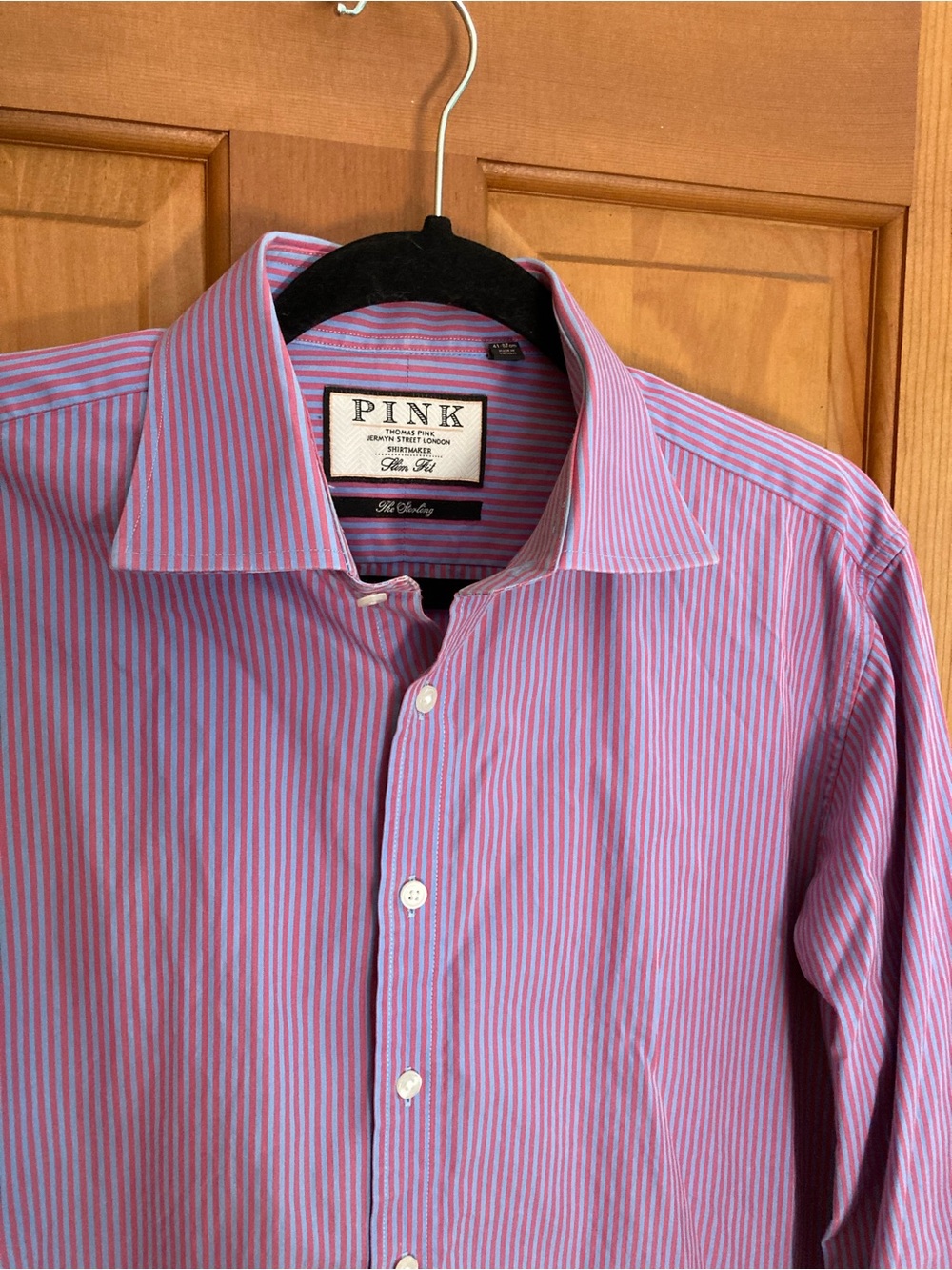 THOMAS PINK Slim Fit Men's Pink & Blue Stripe Dress Shirt The Sterling 16-34.5